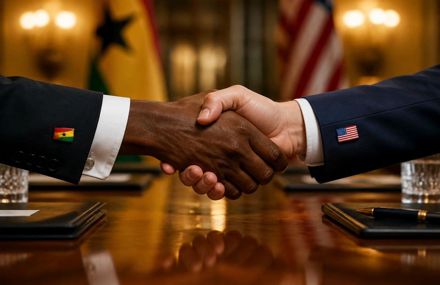 Diplomatic handshake between Ghana and United States delegates